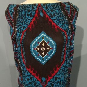 Bohemian Blue and Red Patterned Top‎ Boho Size M